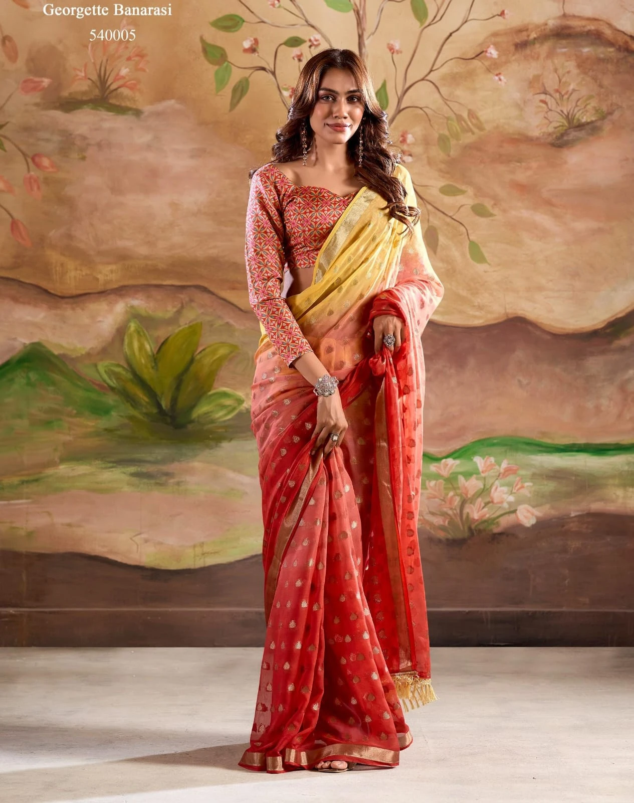 Rajyog Marigold Silk Banarasi Butta Georgette Wholesale Fancy Sarees Catalog — Wholesale Sarees, MPA wholesale from Surat - Gallery Image 6
